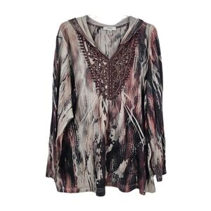 CJ Banks 3X Hoodie Arsty Burnout Studded Metallic Red Purple White